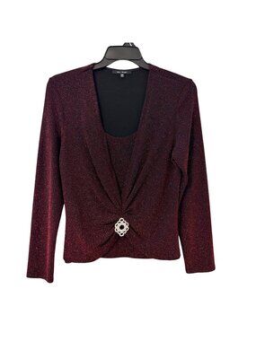Blu Sage XL Red Metallic Long-Sleeve Top With Rhinestone Accent Blouse